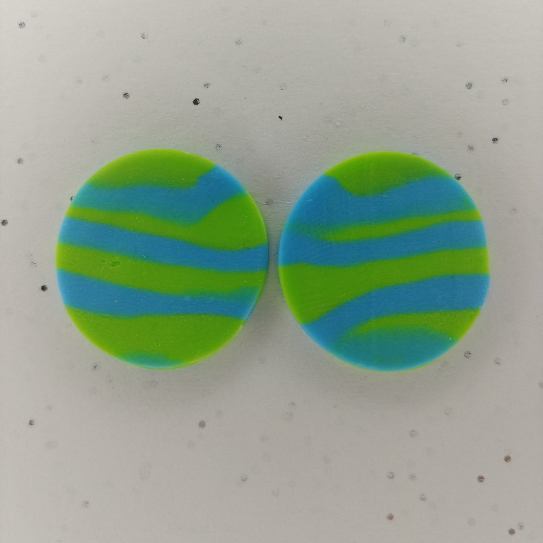 Green and blue striped polymer clay earrings