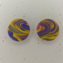 Load image into Gallery viewer, Purple and yellow swirl polymer clay earrings
