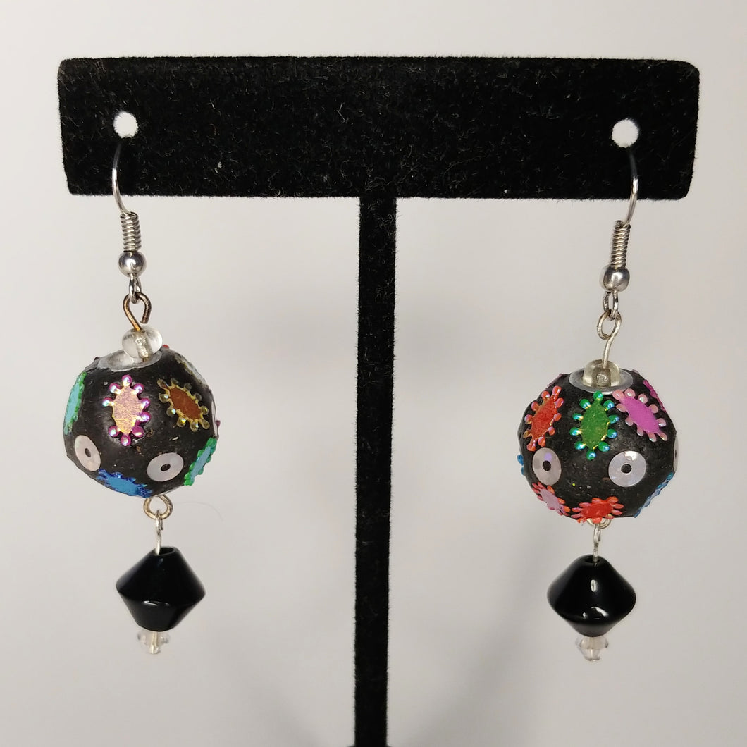 Rainbow sequins on black drop earrings